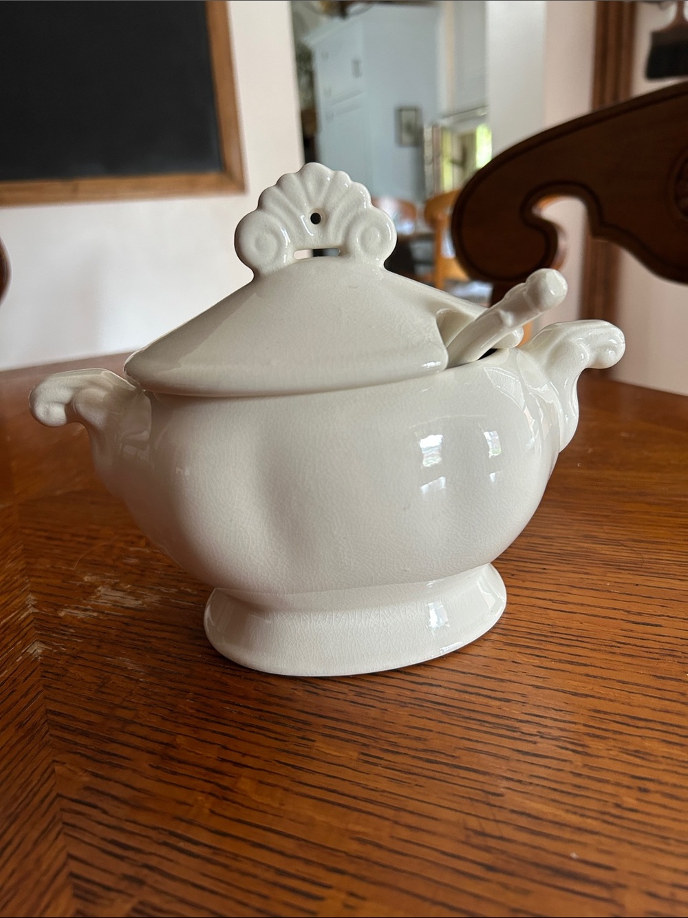 Ivory Ceramic Covered Tureen Bowl with Handles and Ladle